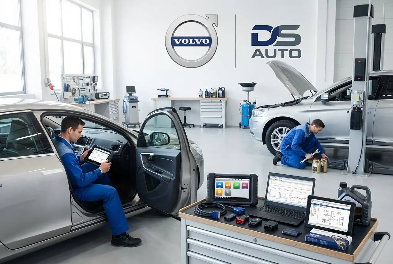 Диагностическое оборудование подключено к автомобилю Volvo в автосервисе DS Auto Жуковский
